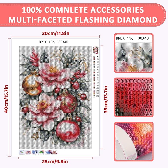 Skyboda Flower Diamond Art Kits for Adults Beginners, Christmas Bells Diamond Painting Kits for Adults,5D Full Drill DIY Diamond Dot Gem Art Kit Wall Home Decor Arts Craft 12x16 inch