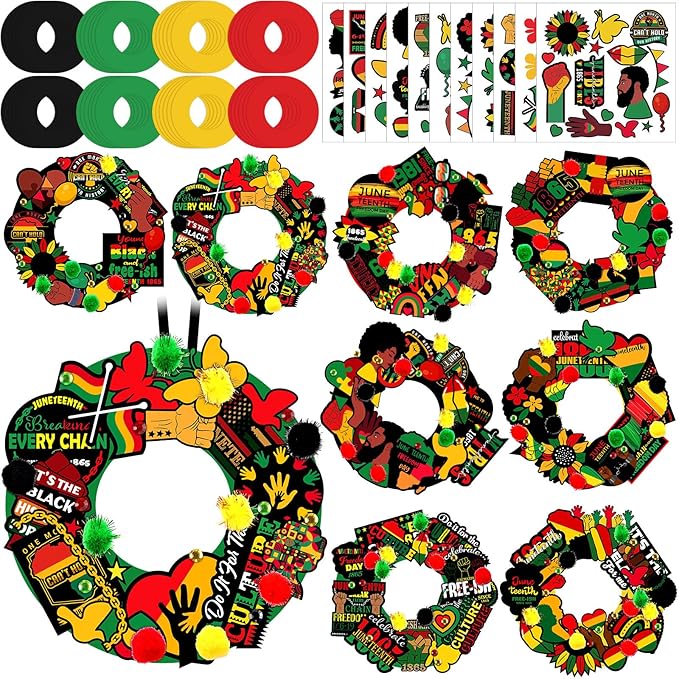 Hollowfly 48 Sets Juneteenth Wreath Craft Kits DIY Juneteenth Wreath Hanging Ornaments African American Paper Arts Craft with Stickers Gifts for June 19th Freedom Independence Day Party Activities