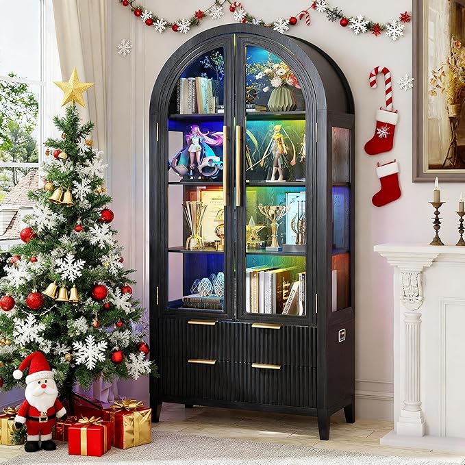 LVSOMT 71" Tall Arched Storage Cabinet with Glass Doors and Drawers, Curio Display Cabinet with Adjustable RGB Light & Human Sensor, 4-Tier China Cabinet for Living Room(Black)