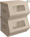 SONGMICS Stackable Storage Bins Set of 2, Storage Boxes with Lids and Front Windows, Non-Woven Fabric Closet Organizers with Magnetic Closures, Side Handles, Sand Beige URLB002Y01