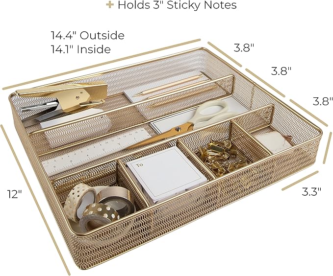 BLU MONACO | Gold Desk Drawer Organizer Tray with 6 Compartments | Metal Mesh Drawer Organizer for Office Supplies & Accessories | Large Desk Organizer for Drawers