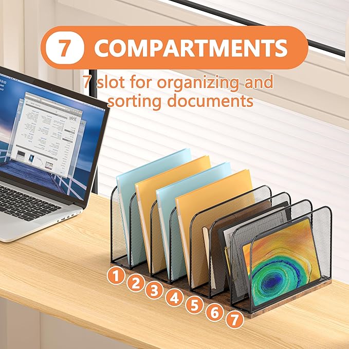 Piskyet Wooden Desk File Organizer, 7-Section Vertical File Folder Holder Stand,Metal Mail Paper Chromebook Organizer for Teacher Desk Office Classroom Desktop Organization