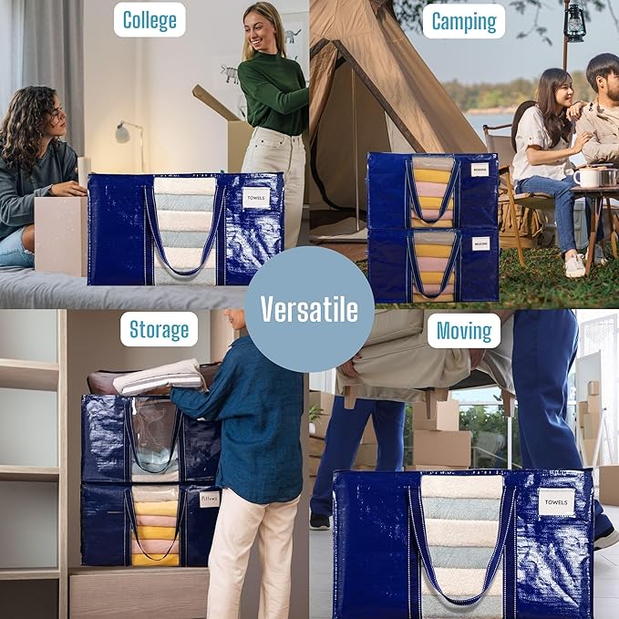 VENO 10 Pack Moving Bags with Clear Window, Heavy Duty Storage Bins with Lid, Around Handles, Tag, Zippers, Extra Large Totes Packing Moving Boxes Supplies for College Dorm Clothes (Blue, 10 Packs)