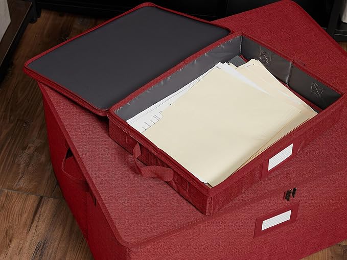 Covermates Keepsakes Zip-Top Storage Box Set, 3 Pack Heavy Duty Polyester Organizer Bins, Stackable Design, ID Window, Reinforced Handles, Closet Home Storage, Red Heather