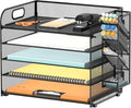 SUPEASY 5 Tier Desk Organizer with Handle & Removable Pen Holders, Mesh Paper/File Organizer for Desk, Paper Letter Tray Organizer for Office Supplies (Black)