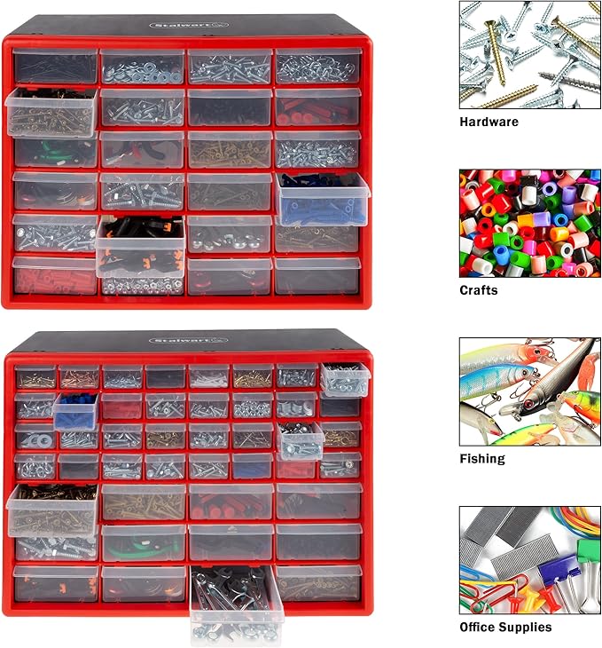 Set of Two Storage Bins with Drawers – Pair of 44 and 24 Drawer Desktop or Wall Mount Plastic Tool Organizers for Hardware or Crafts by Stalwart (Red)
