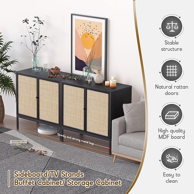 XIAO WEI Sideboard Buffet Cabinet with 2 Natural Rattan Decorated Doors, 31.5" W Accent Rattan Cabinet, Boho Credenza Storage Cabinet, for Living Room Dining Room Hallway, Metal Legs, Black(2 PCS)