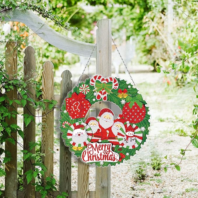 Diamond Art Painting Santa Claus Wreath Hanging Ornament with LED Light String 5D DIY Snowman Rhinestone Art Christmas Wreaths Special Shaped Diamond Paint by Number Mosaic Kits Front Door Wall Decor