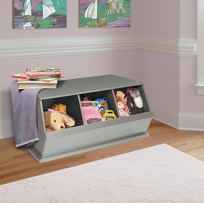 Badger Basket Stackable 3-Bin Storage Cubby - Modular Toy and Craft Organizer with Wide Mouth Bins, Expandable Design, Solid Panel Construction - Compatible with Other Units - Silver