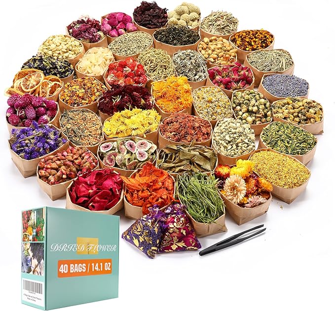 40 Bags Natural Dried Flowers Kit, Natural Dried Herbs with 2 Mesh Drawstring Bag for Soap,Candle,Resin Jewelry Making,Bath,Nail - Rose Petals,Rosebuds,Lilium,Jasmine,Don't Forget Me and More