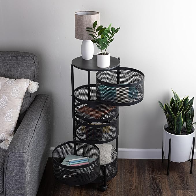 Home-Complete Kitchen Storage Rolling Cart with Wheels - 5 Tier Rotating Fruit and Vegetable Baskets for Kitchen Organization and Storage - Metal Cart for Pantry, Bathroom, or Craft Room (Black)