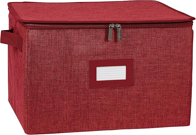 Covermates Cup and Mug Storage Box with Dividers, Stackable Organizer for Coffee Mugs & China Cups, Heavy-Duty Polyester with Handles, Zipper Closure & ID Window, Red Heather
