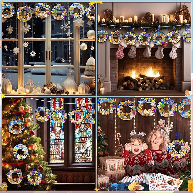 Hollowfly 48 Sets Nativity Crafts Kits Religious Jesus DIY Wreath Signs Hanging Ornaments Make Your Own Nativity Scene Sticker Craft for Holy Night Christian Easter Party Favors Activities