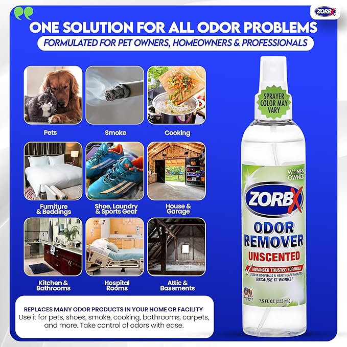 ZORBX Unscented Odor Eliminator for Strong Odor 7.5 Fl Oz, Pack of 4 - Used in Hospitals & Healthcare Facilities - Advanced Formula, Fast-Acting Odor Remover Spray for Dog, Cat, House & Carpet