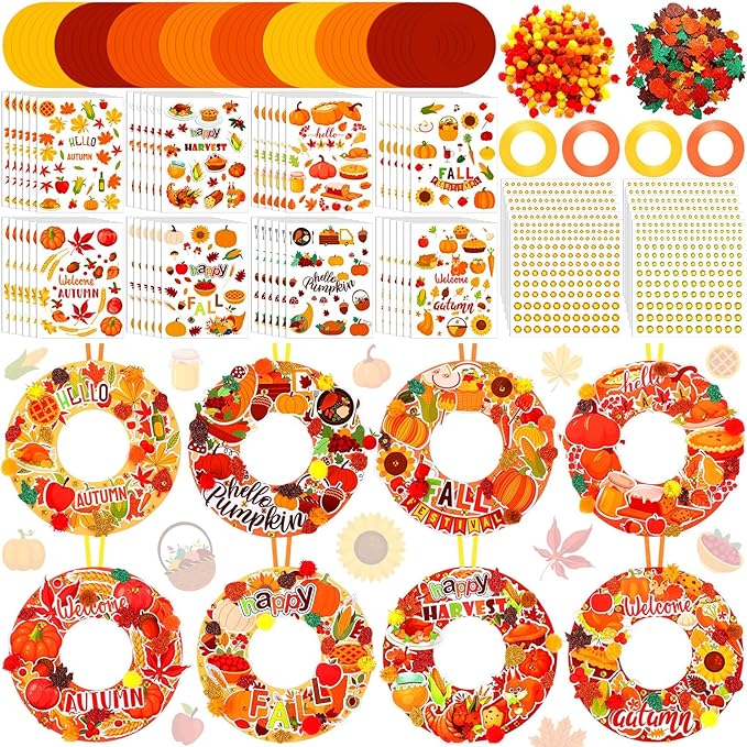 Hollowfly 48 Sets Wreath Craft Kits DIY Wreath Hanging Ornaments Make Your Own Paper Craft with Stickers for Home Party Favors Activities(Autumn)