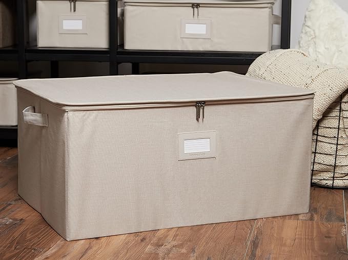 Covermates Keepsakes Zip-Top Storage Box Set, 3 Pack Heavy Duty Polyester Organizer Bins, Stackable Design, ID Window, Reinforced Handles, Closet Home Storage, Beige Heather