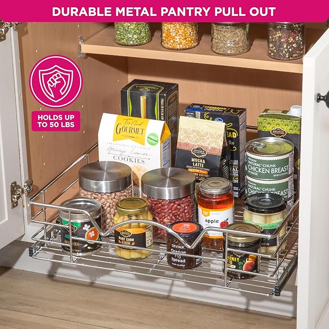 HOLDN’ STORAGE Pull Out Cabinet Organizer, Slide Out Drawer for Kitchen Cabinets & Pantry, Roll Out Shelf for Pots, Pans & Under Sink Storage, Heavy-Duty Full-Extension, 20" W x 21" D x 5" H