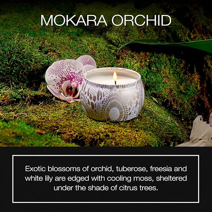Voluspa Mokara Orchid, Mini Tin Candle, 4 oz, 25 Hour Burn Time, All Natural Wicks and Coconut Wax for Clean Burning, Vegan, Poured in The USA