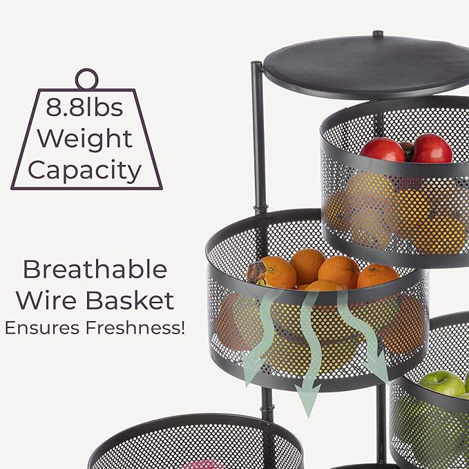 Home-Complete Kitchen Storage Rolling Cart with Wheels - 5 Tier Rotating Fruit and Vegetable Baskets for Kitchen Organization and Storage - Metal Cart for Pantry, Bathroom, or Craft Room (Black)