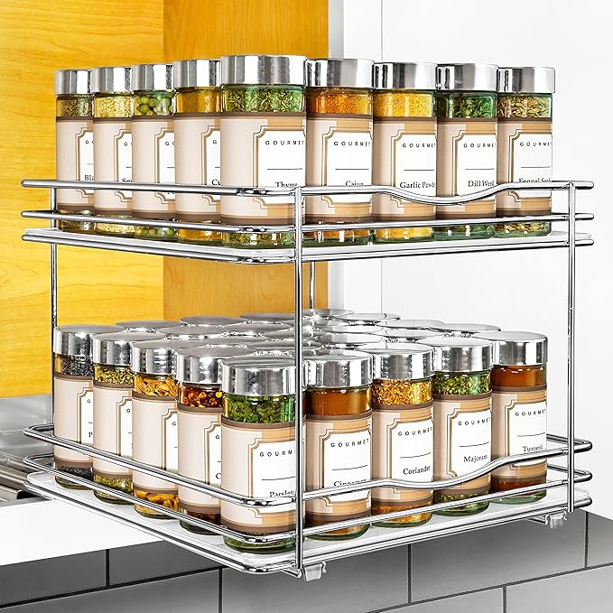 LYNK PROFESSIONAL® Pull Out Spice Rack Organizer for Inside Kitchen Cabinets - 10-3/8 inch Wide - Slide Out Drawer – Chrome Sliding Spice Organization for cabinet - Spice Racks - 2 Tier