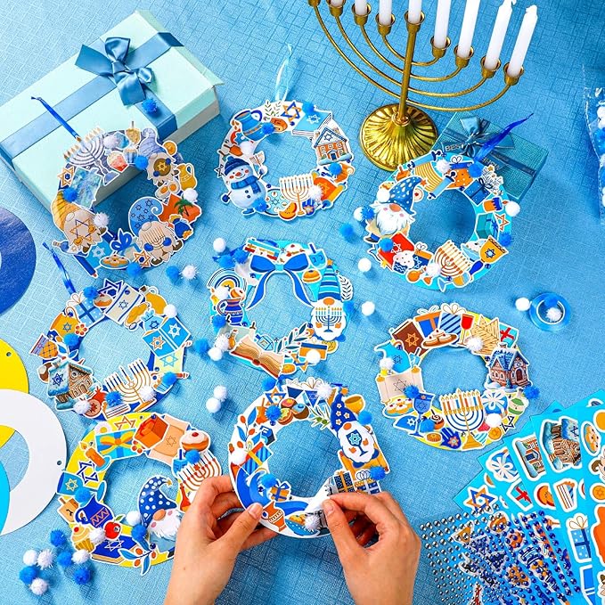Hollowfly 48 Sets Hanukkah Wreath Craft Kits DIY Menorah Hanging Ornaments Make Your Own Hanukkah Craft with Stickers for Home Party DIY Activities