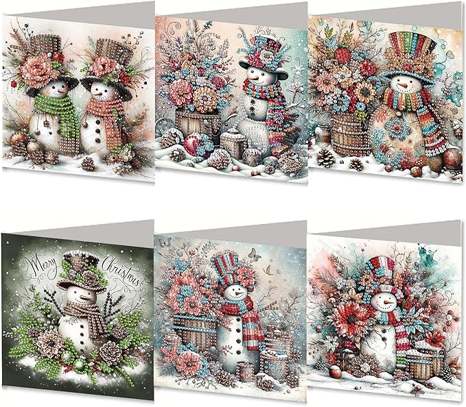 6PCS DIY Diamond Art Christmas Cards with Envelopes, Festive Holiday Greeting Cards Kit, Snowman Christmas Diamond Art Kits for Adults Kids Gifts