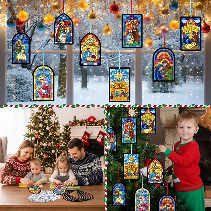 Tinlade 32 Set Winter Nativity Scene Suncatchers Craft Kit DIY Christian Suncatcher Crafts with Tissue Paper Religious Arts Projects Window Stained Glass Hanging Ornaments Winter School Activities