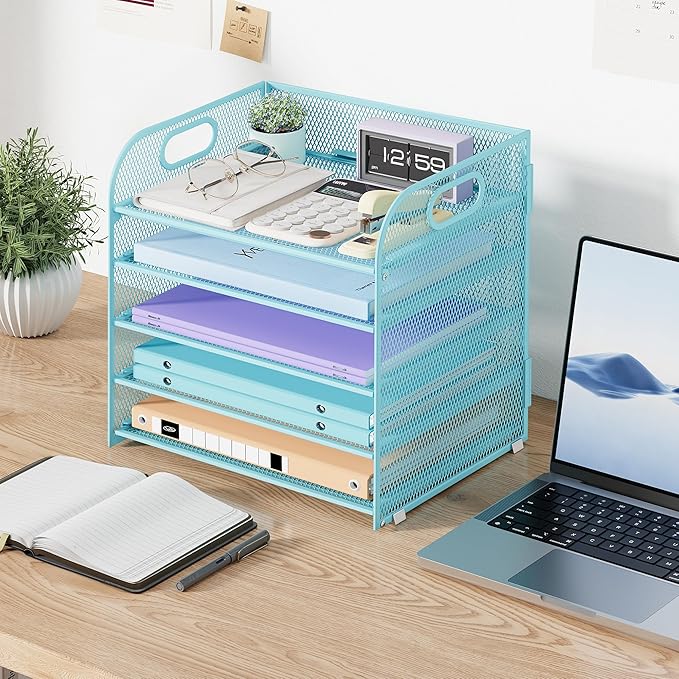 Cawukege 5 Tier Paper Organizer with Handle, Blue Metal Mesh Desk Organizer File Folder Paper Letter Tray Desktop Document Sorter for Classroom, School, Office Accessories Organization and Storage