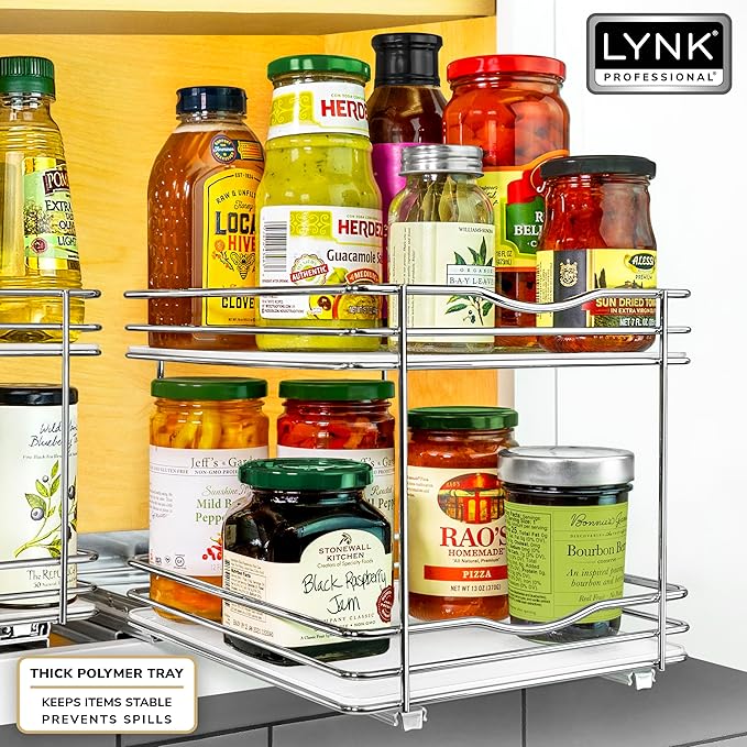 LYNK PROFESSIONAL® Pull Out Spice Rack Organizer for Inside Kitchen Cabinets - 8-3/8 inch Wide - Slide Out Drawer – Chrome Sliding Spice Organization for cabinet - Spice Racks - 1 Tier