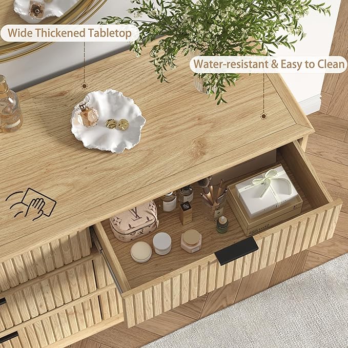 Fluted 6 Drawer Dresser for Bedroom, 47.8" Wide Chest of Drawers with Solid Wood Legs, Wooden Modern Double Dresser TV Stand Organizer for Living Room, Hallway Natural Oak