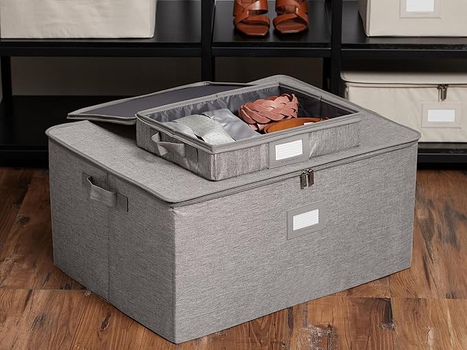 Covermates Keepsakes Zip-Top Storage Box Set, 3 Pack Heavy Duty Polyester Organizer Bins, Stackable Design, ID Window, Reinforced Handles, Closet Home Storage, Grey Heather
