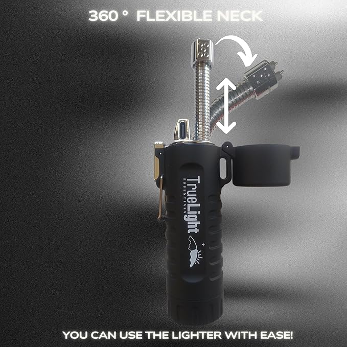TrueLightEssentials Electric Rechargeable Plasma Lighter - Waterproof USB Arc Lighters with Flashlight LED Battery Indicator and Flexible Neck for Candle Survival Camping Emergency (Black, Long)