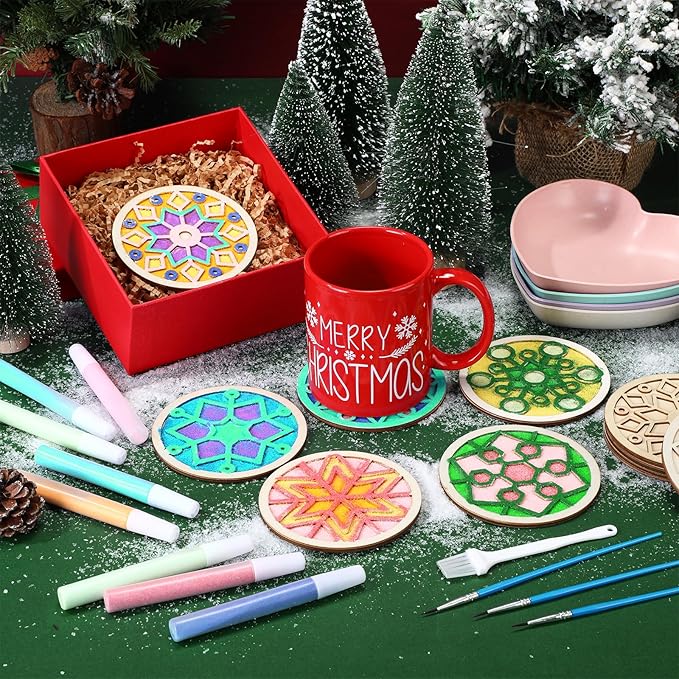 Fiwochic 24 Sets Winter Snowflake Sand Art Kits Double Layered Wooden Winter DIY Coasters Craft Snowflake Make Your Own Cup Coasters for DIY Holiday Activities Table Decoration