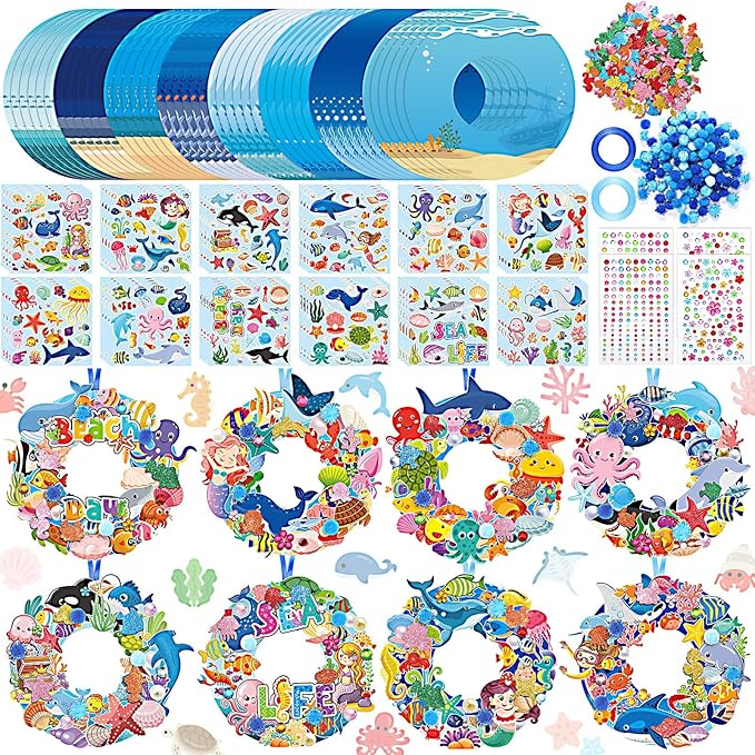 Hollowfly 48 Sets Wreath Craft Kits DIY Wreath Hanging Ornaments Make Your Own Paper Craft with Stickers for Home Party Decor Activities(Summer Ocean)