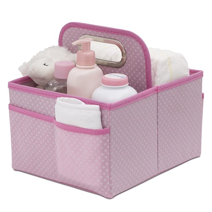 Delta Children Portable Nursery Caddy - Essential Lightweight Storage Bin with Multiple Compartments - Easy Storage/Organization Solution, Barely Pink