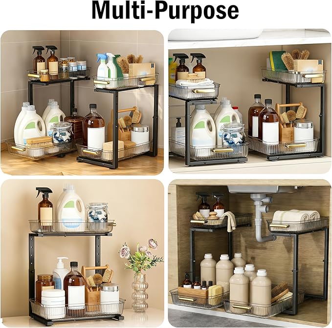 Under Sink Organizer - 2 Packs Multi-Purpose Pull-Out Storage Organizers, Slide out Pull out Cabinet Organizer Shelf, Storage for Kitchen Bathroom, Clear