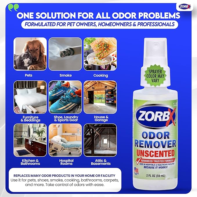ZORBX Unscented Odor Eliminator for Strong Odor 2 Oz, Pack of 24 - Used in Hospitals & Healthcare Facilities - Advanced Trusted Formula, Fast-Acting Odor Remover Spray for Dog, Cat, House & Carpet