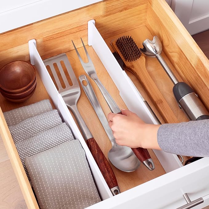 YouCopia ReStickable™ Drawer Dividers, Extra-Long, Adjustable Kitchen Organizers for Utensil and Tool Storage, Expands 13" to 24", Deep Height, 2-Pack, Speckled White
