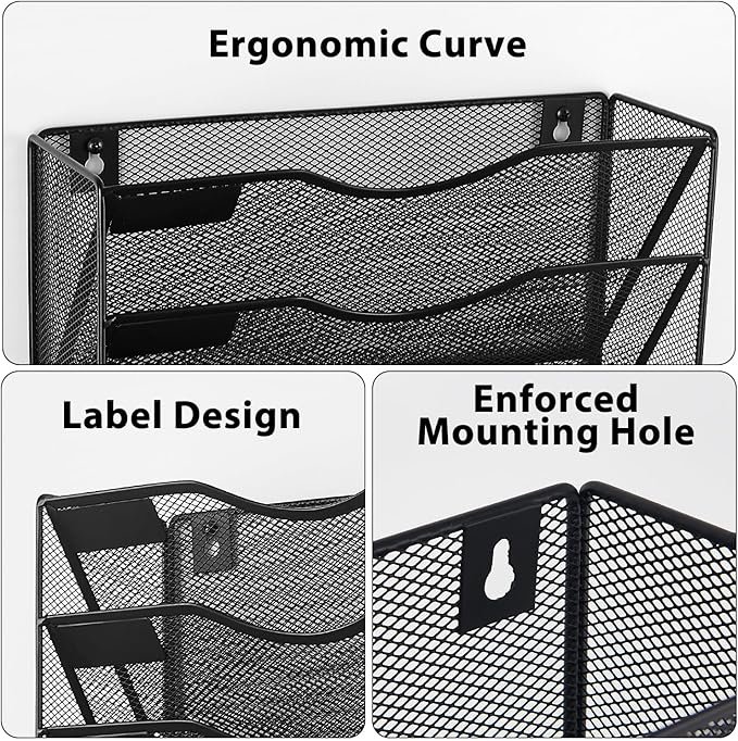 LEKETREE Hanging Wall File Organizer with Office Assorted, 5 Pockets Mesh Wall Mounted Hanging File Folders, Mail Organizer, Holder Rack for Mail, Paper, Document, Binder, Magazine, Menu (Black)