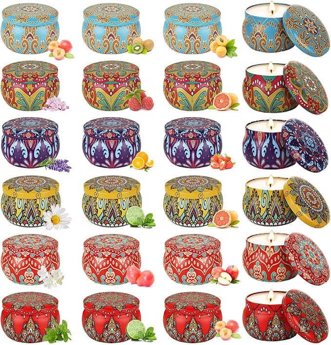 Oungy 24 PCS Candle Tins with Lid 4.4 oz Empty Candle Jars with Flower Pattern Round Metal Candle Containers with Lids for Candle Making DIY Arts and Crafts Small Item Storage