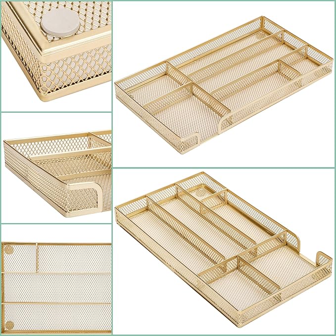 Annova Desk Drawer Organizer Tray for Office Organization - Metal Mesh - Storage Tray with Dividers for Pens, Desktop Accessories, Bathroom, Kitchen, Makeup and Office Supplies (Small, Gold)