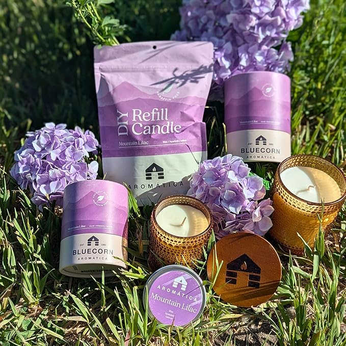 Bluecorn Aromática Mountain Lilac Scented Candle Refill Kit – Lilac, Bluebells & Pine | Clean-Burning Coconut Wax | Non-Toxic Fragrance | 100% Compostable Pouch | DIY Candle Refill | Made in USA