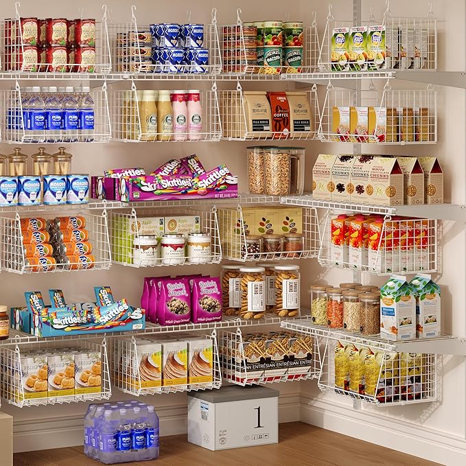 3-Tier Hanging Laundry Basket Organizer：Foldable Wire Shelf Laundry Room Organizer with 360°Rotating Hooks Small Space Solutions Pantry Baskets - Laundry Organization, White Patent