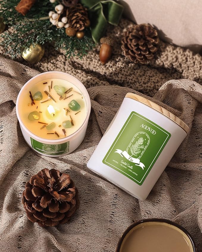 AOOVOO Fir Scented Candles for Women - Aromatherapy Candle with Crystals Inside, 10oz Soy Candles for Home Scented, Birthday Gifts Valentines Day Candle for Women Mom