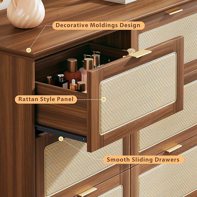 HUAHUU 9 Drawer Dresser for Bedroom, 60 Inch Long Dressers & Rattan Chest of Drawers, Boho Style, Large TV Stand for 55, 65, 70 Inch TV, for Bedroom, Living Room, Entryway, Hallway, Walnut