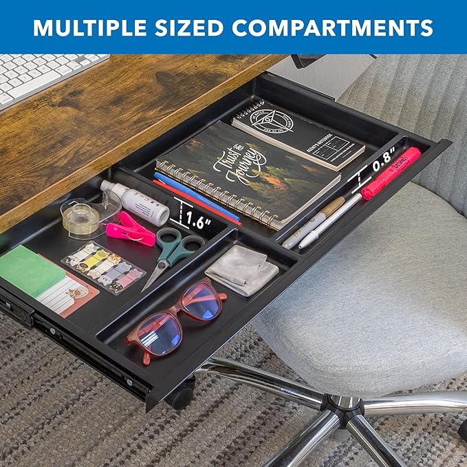 Mount-It! Under Desk Drawer with 4 Compartments, Deep Low-Profile Slide-Out Storage Organizer, 25.8″ x 12.5″ x 1.6″, Smooth Glide Pull-Out Tray for Traditional & Single Motor Standing Desks, Black