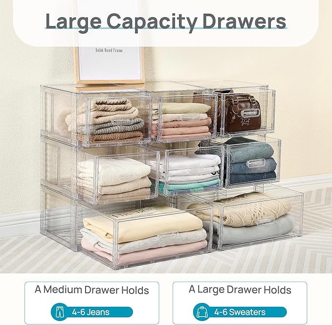 Vtopmart 9 Pack 18QT Clear Stackable Storage Drawers,Easily Assemble Closet Organizers,Plastic Storage Bins for Bathroom,Cabinet,Kitchen Pantry,Under Sink Organization(Medium)