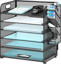 SUPEASY 6 Tier Desk Organizer with 4 Pen Holders, Mesh Paper Organizer Letter Tray with Handle, Desk Organizer Tray File Organizer for A4 File Folder, Black