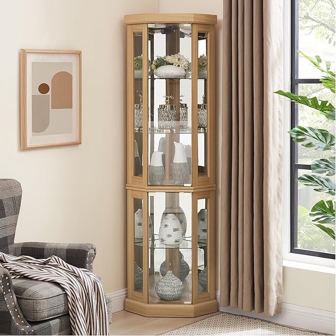 69" H Lighted Curio Cabinet Corner Display Case,Corner Glass Cabinets with Tempered Glass Door and Adjustable Shelves,Wooden Curio Cabinet with Mirrored Back Pane (Style 2 - Light Oak)