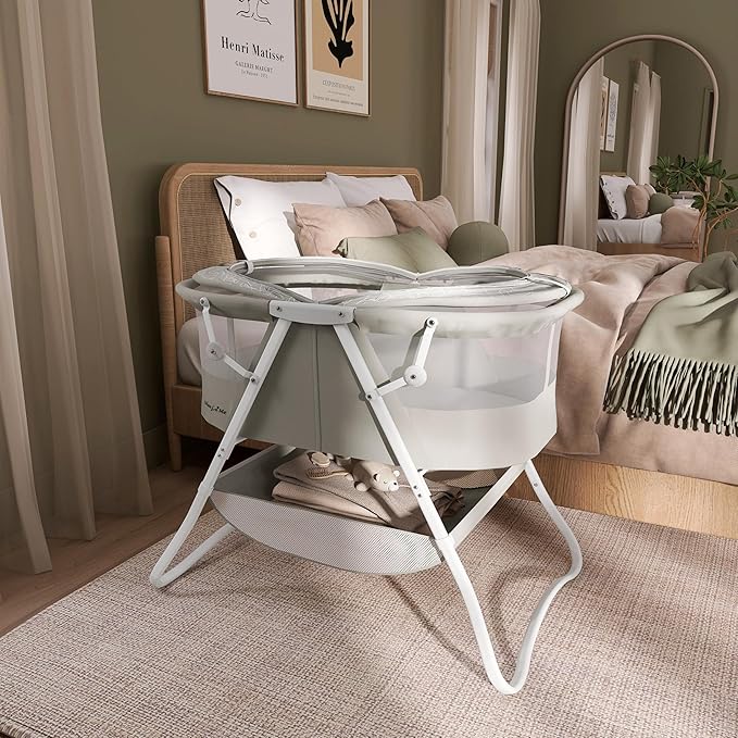 Dream On Me Karley Bassinet, Award Winner Lightweight Travel Baby Bassinet, Foldable Bedside Sleeper, Adjustable Double Canopy, Spacious Design, Soft Fabric, Storage Basket – Cool Gray